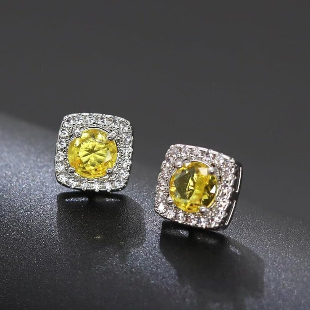 Women's Yellow Square Simulated Dainty Diamond Halo Sparkling Stud Earring